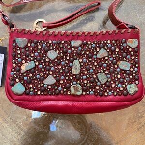 KurtMen New Red Leather Turquoise Embellished Shoulder Bag or Clutch.